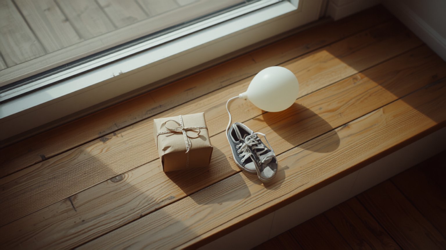 a wrapped birthday gift and a pair of small sneakers on a patio step beside a deflated balloon